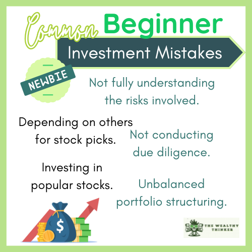 A graphic of common beginner investment mistakes with cartoons of money bags and coins.
