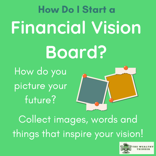 A cartoon of colorful Polaroid pictures with tape on them on a green background. Text reads: How Do I Start a Financial Vision Board?