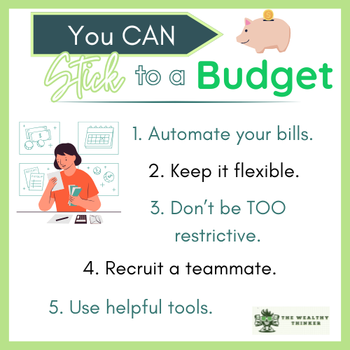Graphic with images and text related to the topic of sticking to a budget in 2025.