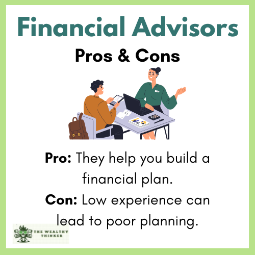 A cartoon financial advisor sits across a desk from a client.