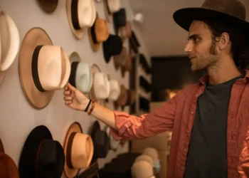 a man touches a hat on a wall - conscious spending means thinking about what you buy before you buy
