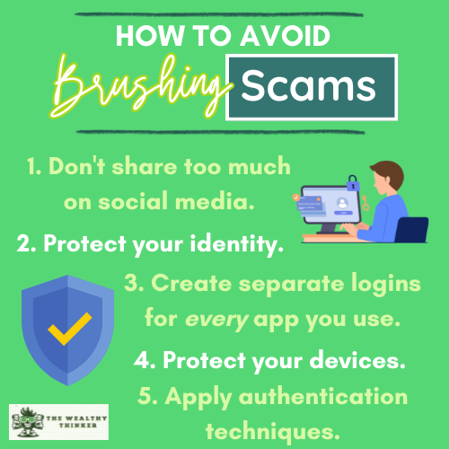 Graphic with images and text related to the topic of avoiding brushing scams.