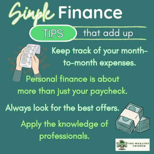 Graphic with images and text about personal finance tips.