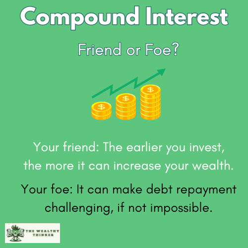 A green background with cartoon coins and an arrow pointing up. Title reads: Compound Interest