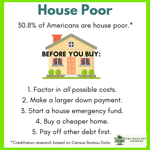 A cartoon picture of a house with the title: House Poor and 5 steps to avoid being house poor.