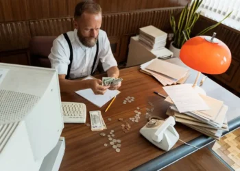 Man counts money at a brown desk.