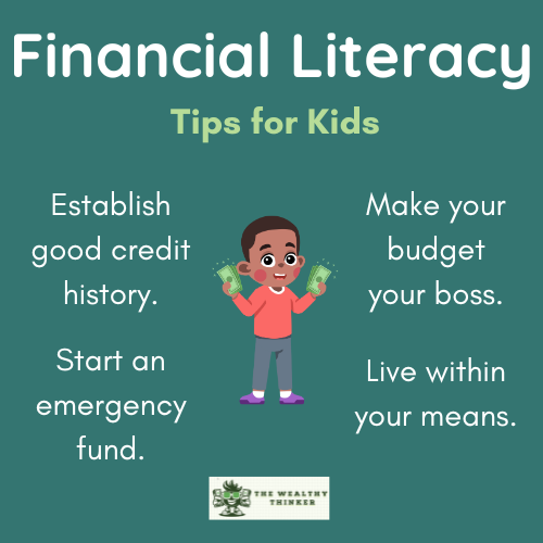 A cartoon kid holding money in his hands. Title reads: Financial Literacy tips for kids