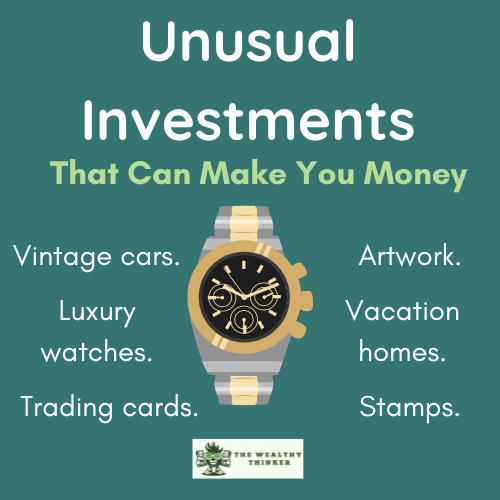 A cartoon watch on a dark green background. Title reads: Unusual Investments that can make you money.