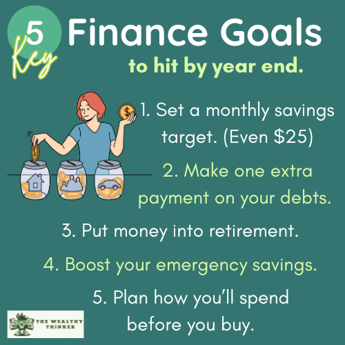 A cartoon woman with red hair puts money into three different jars on a table in front of her.