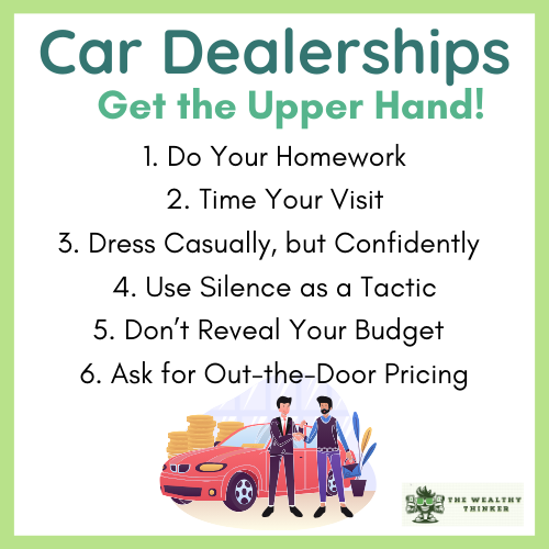 A cartoon of a person at a car dealership.