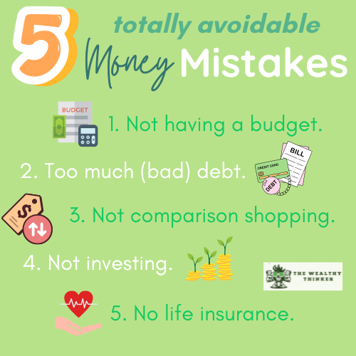 Small cartoons of common money mistakes like not having a budget or life insurance on a green background.