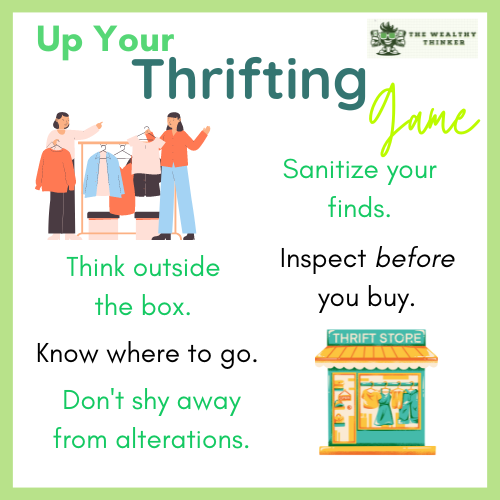 Cartoon images of people thrifting and a thrift store front.