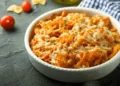 A white dish of pumpkin and sausage pasta bake.