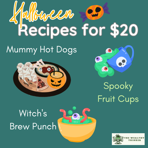 Cartoon pictures of Halloween party food on a green background.