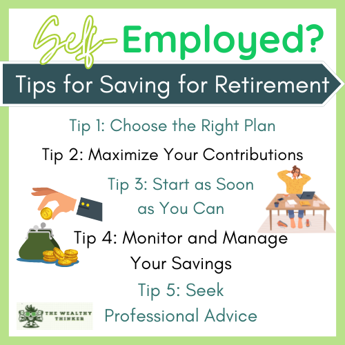 A graphic showing a self-employed person and a hand saving coins in a purse.