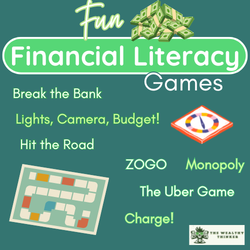 A graphic with cartoons and info about financial literacy games.