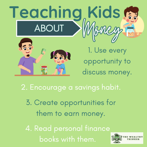 Graphic with cartoons and information about teaching kids about money.