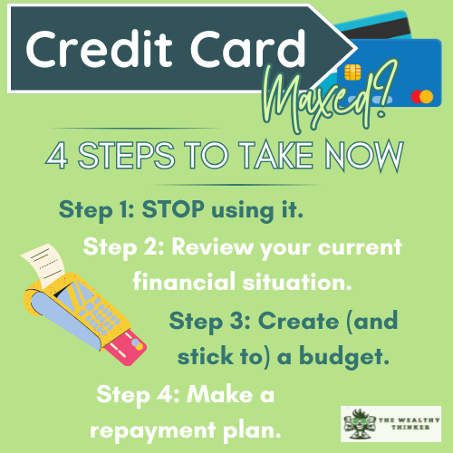 Graphic with images and text relating to the topic of having a maxed out credit card.