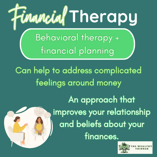 Graphic showing images and info around the concept of financial therapy and its benefits.