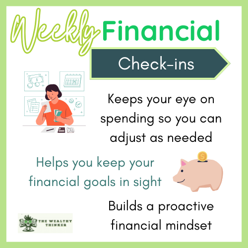 Graphic with images and info relating to having weekly financial check-ins.