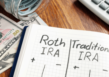 Open notebook on a desk turned to a page that reads: Roth IRA and Traditional IRA.