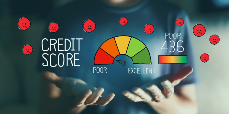 Person stands with hands out in front of a cartoon of a credit scores scale and red angry emoji faces.