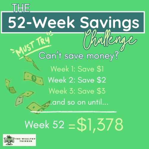 Graphic with images and text related to the topic of the 52-Week Savings Challenge.