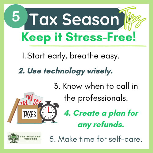 Graphic with text and images related to the topic of tax season tips.