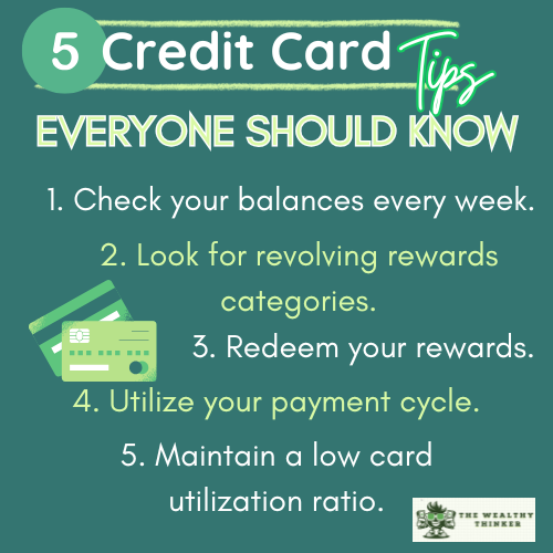 Graphic with images and text related to the topic of credit card tips.