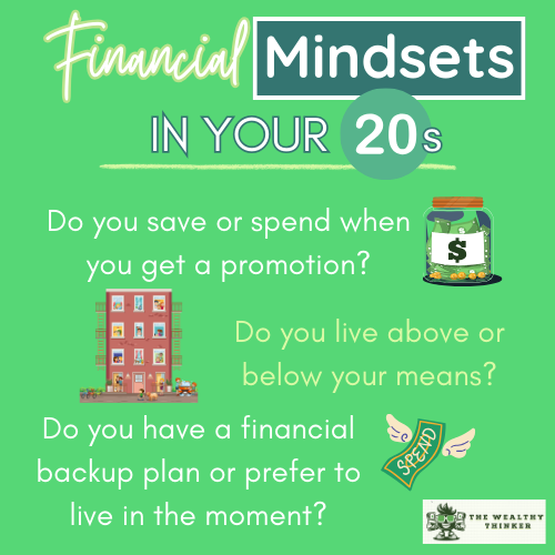Graphic with images and text related to the topic of different financial mindsets in your 20s.