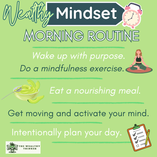 Graphic with images and text related to having a wealthy mindset morning routine.