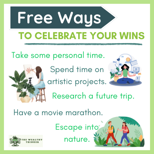 Graphic with images and text related to the topic of free ways to celebrate your wins.