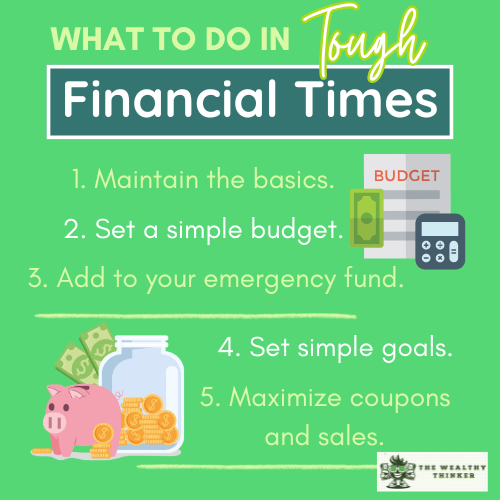 Graphic with images and text related to the topic of tough financial times.