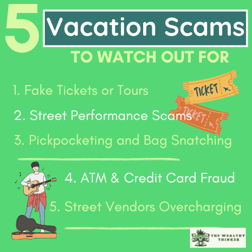 Graphic with images and text related to the topic of vacation scams.