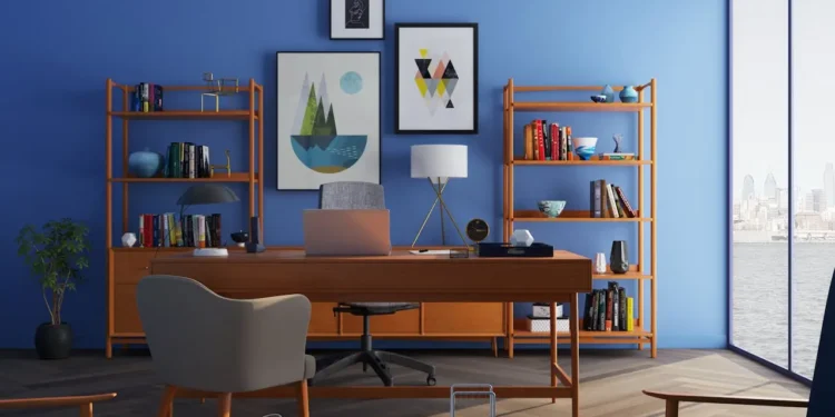 Home office with bright blue walls and cedar furniture.