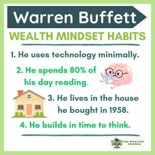 Graphic with images and text related to the topic of Warren Buffett's daily habits.