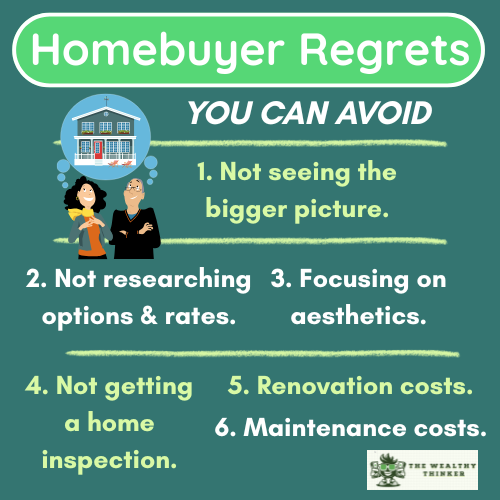 Graphic with images and text related to the topic of common homebuyer regrets to avoid.