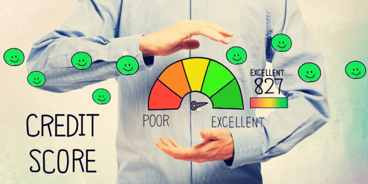 Man stands behind illustrations of having a good credit score. There are 2 key areas to focus on to increase your credit score.