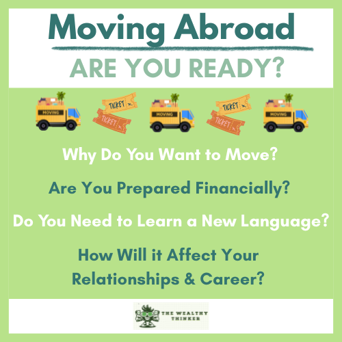 Graphic with images and text related to the topic of moving abroad.