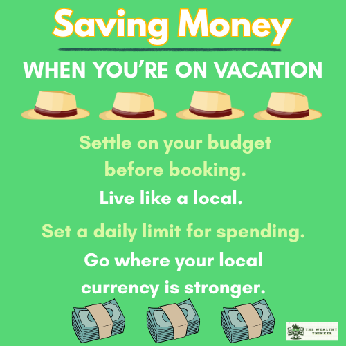 Graphic with images and text related to saving money on vacation.