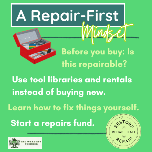 Graphic with images and text related to the topic of repairing before you buy new.