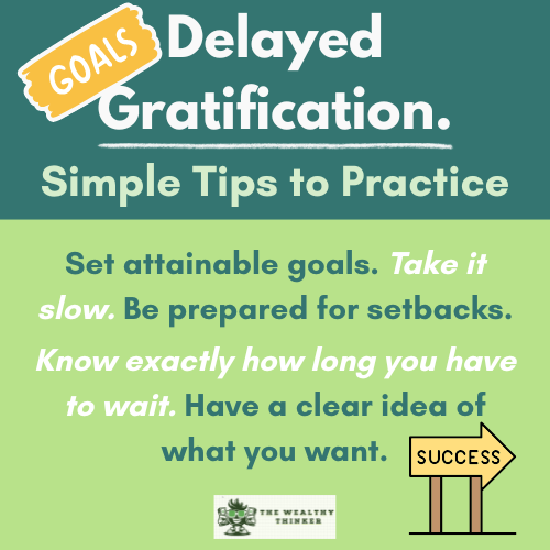 Graphic with images and text related to the topic of delayed gratification.