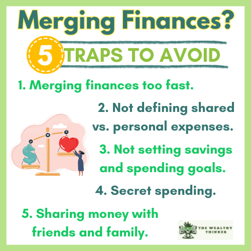 Graphic with images and text related to the topic of merging finances with a partner.
