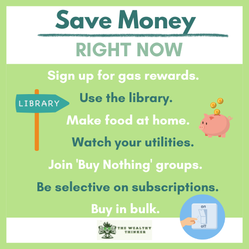 Graphic with images and text related to the topic of Saving Money Right Now