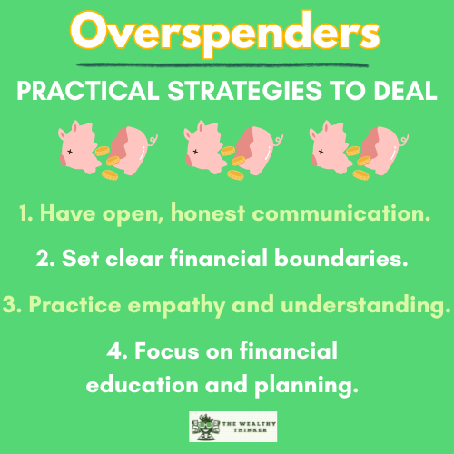 Graphic with images and text related to the topic of dealing with an overspender.
