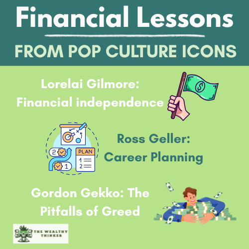 Graphic with images and text related to the topic of Pop Culture Icons Financial Lessons.