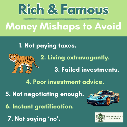 Graphic with images and text related to the topic of money mishaps of the rich and famous to avoid.