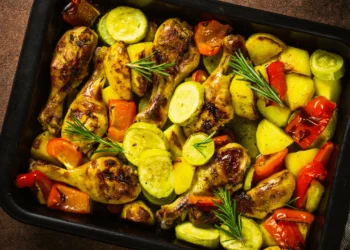 Sheet pan Lemon Garlic Chicken with vegetables.