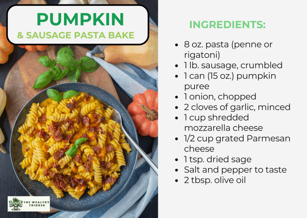 Recipe card for a Sausage & Pumpkin Pasta Bake with a photo and ingredients.