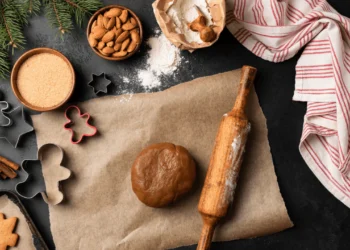 A tabletop covered in baking supplies and accoutrements.